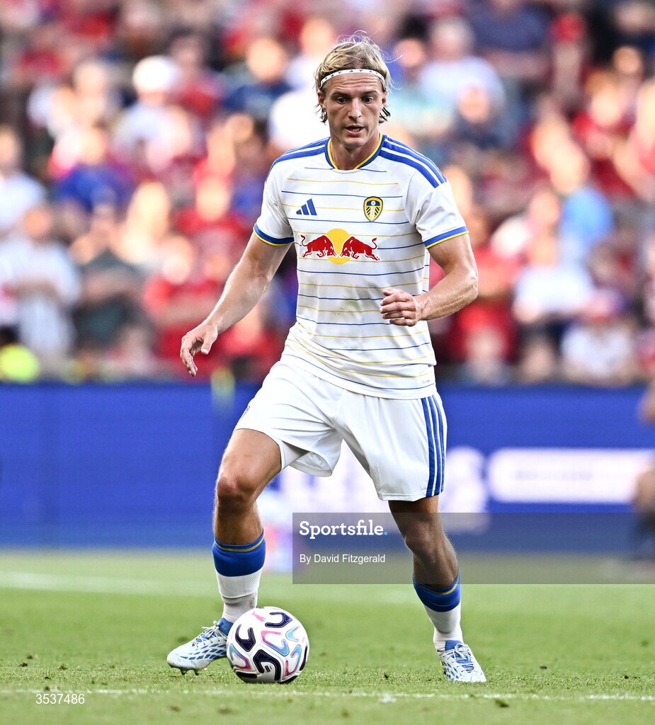 12 August 2026; Sabastiaan Bornauw of Leeds United during the pre-season friendly match between Manchester United and Leeds United at Croke Park in Dublin. Photo by David Fitzgerald/Sportsfile