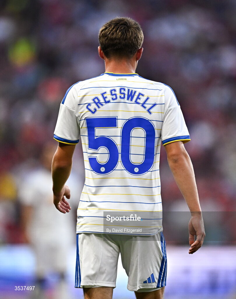 12 August 2026; Alfie Cresswell of Leeds United during the pre-season friendly match between Manchester United and Leeds United at Croke Park in Dublin. Photo by David Fitzgerald/Sportsfile