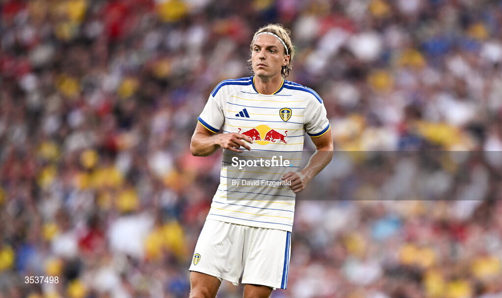 12 August 2026; Sabastiaan Bornauw of Leeds United during the pre-season friendly match between Manchester United and Leeds United at Croke Park in Dublin. Photo by David Fitzgerald/Sportsfile