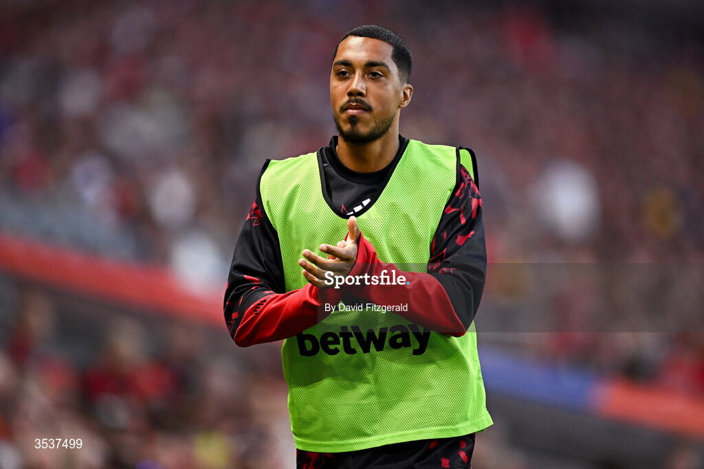 12 August 2026; Youri Tielemans of Manchester United warms up during the pre-season friendly match between Manchester United and Leeds United at Croke Park in Dublin. Photo by David Fitzgerald/Sportsfile