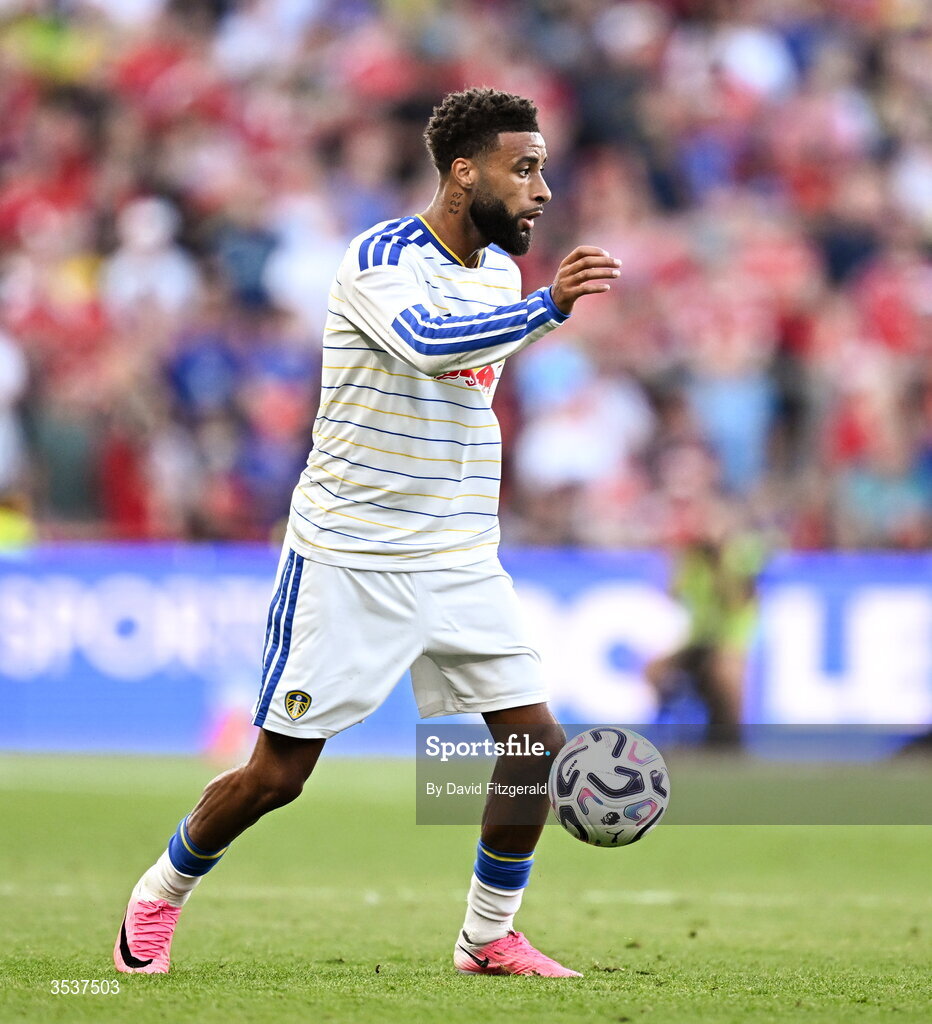 12 August 2026; Jayden Bogle of Leeds United during the pre-season friendly match between Manchester United and Leeds United at Croke Park in Dublin. Photo by David Fitzgerald/Sportsfile