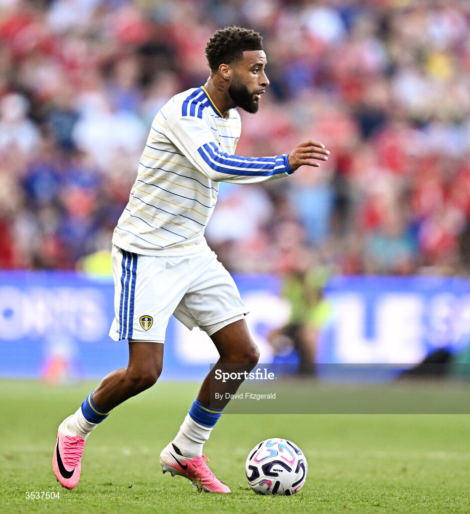 12 August 2026; Jayden Bogle of Leeds United during the pre-season friendly match between Manchester United and Leeds United at Croke Park in Dublin. Photo by David Fitzgerald/Sportsfile