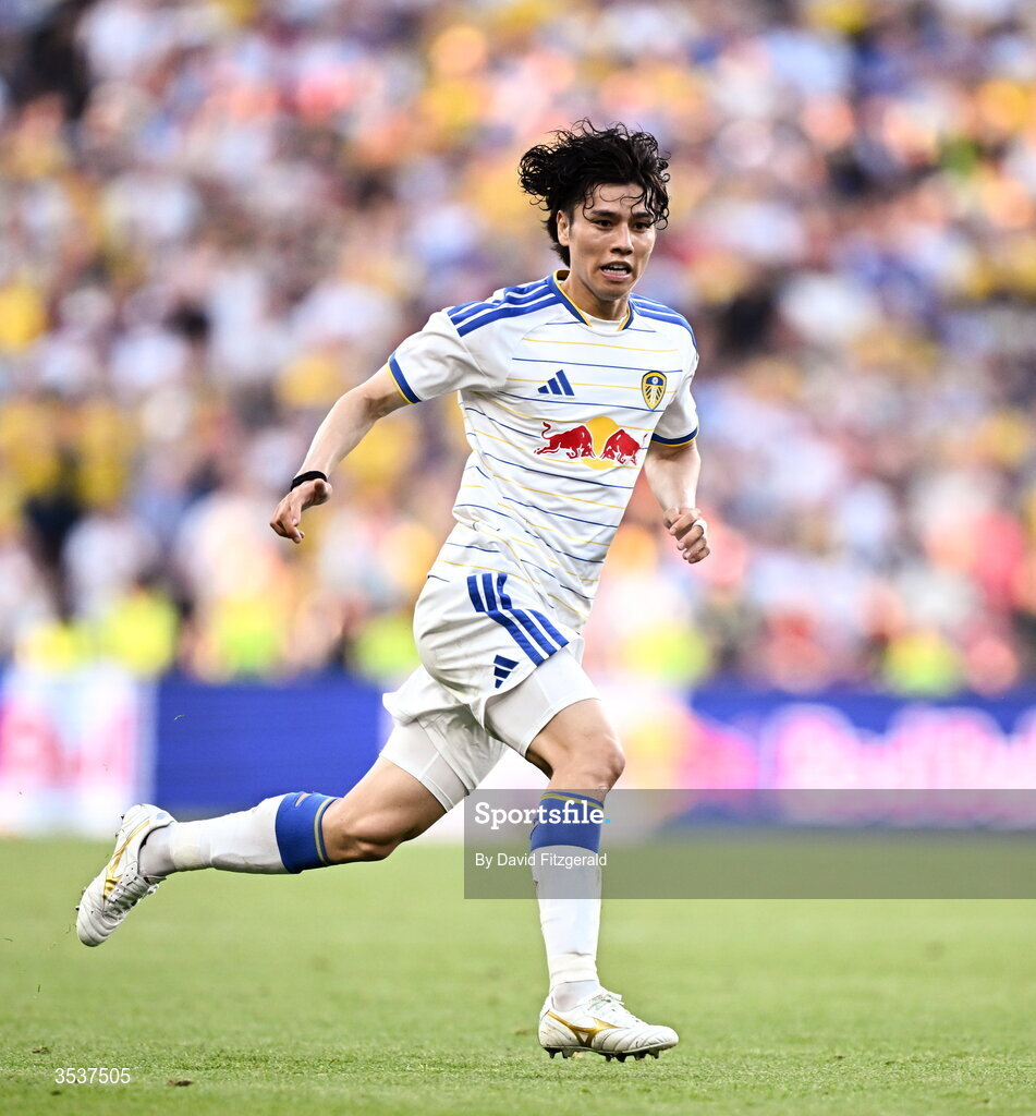 12 August 2026; Ao Tanaka of Leeds United during the pre-season friendly match between Manchester United and Leeds United at Croke Park in Dublin. Photo by David Fitzgerald/Sportsfile