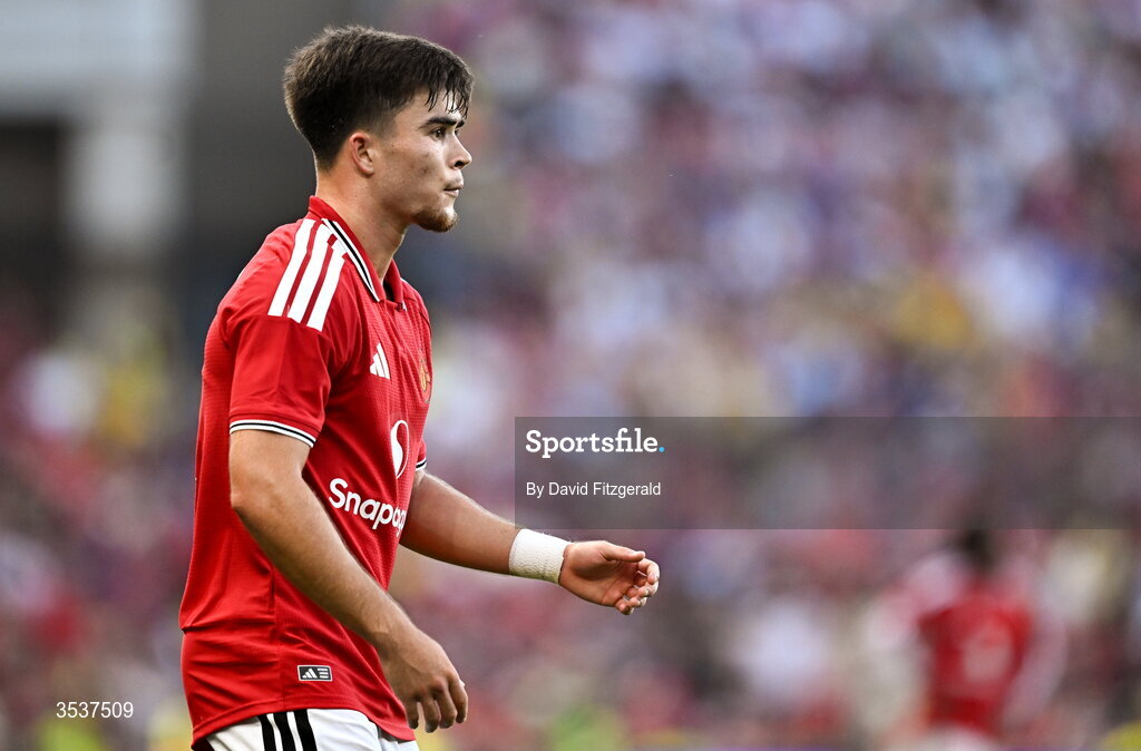 12 August 2026; Harry Amass of Manchester United during the pre-season friendly match between Manchester United and Leeds United at Croke Park in Dublin. Photo by David Fitzgerald/Sportsfile