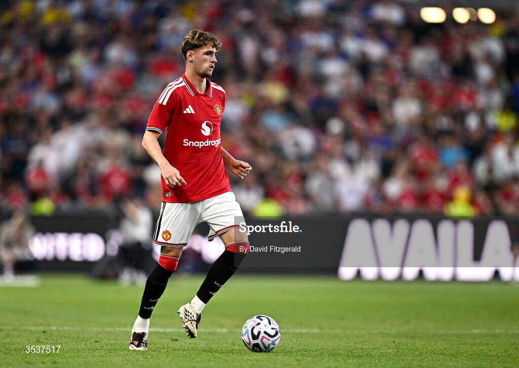 12 August 2026; Jack Fletcher of Manchester United during the pre-season friendly match between Manchester United and Leeds United at Croke Park in Dublin. Photo by David Fitzgerald/Sportsfile