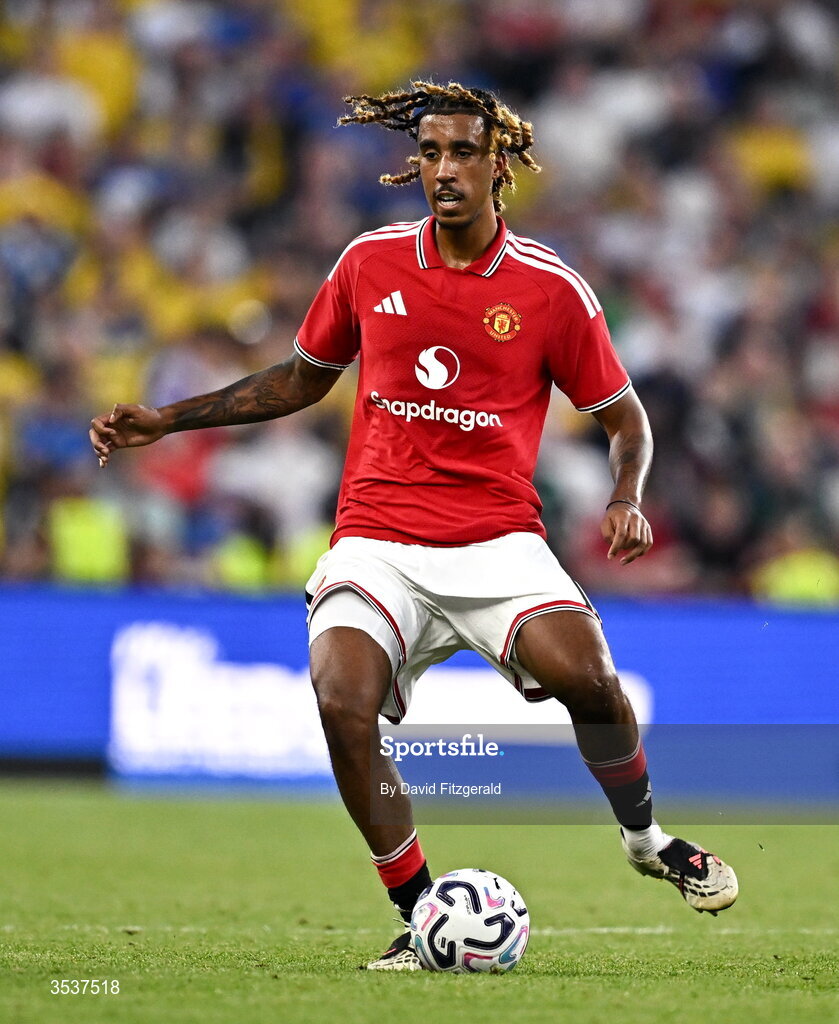 12 August 2026; Leny Yoro of Manchester United during the pre-season friendly match between Manchester United and Leeds United at Croke Park in Dublin. Photo by David Fitzgerald/Sportsfile