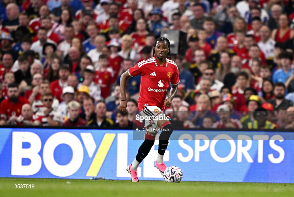 12 August 2026; Tynan Thompson of Manchester United during the pre-season friendly match between Manchester United and Leeds United at Croke Park in Dublin. Photo by David Fitzgerald/Sportsfile