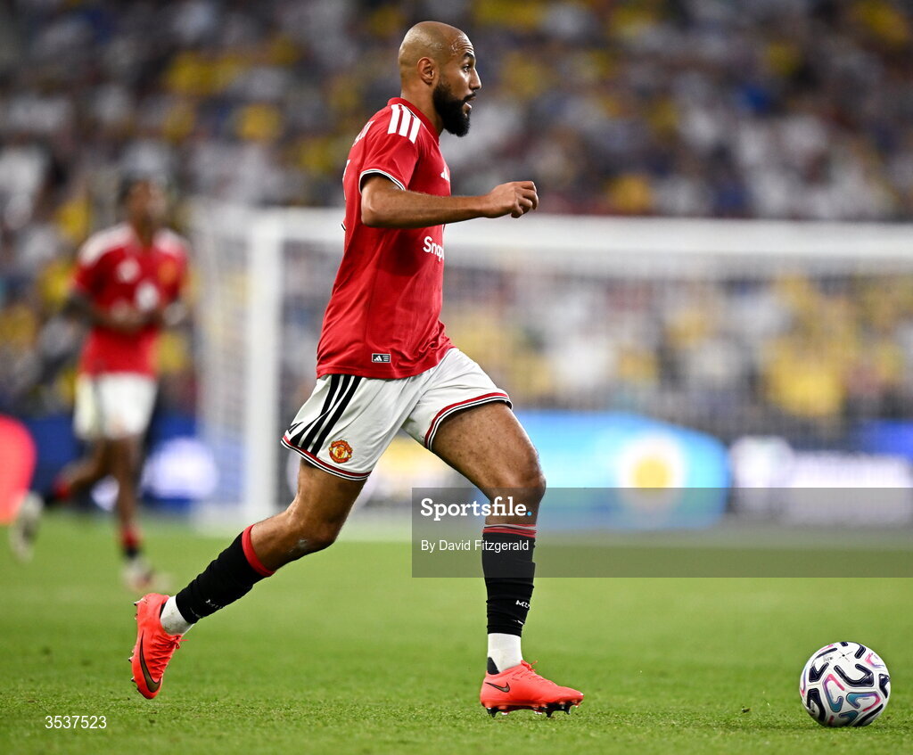 12 August 2026; Noussair Mazraoui of Manchester United during the pre-season friendly match between Manchester United and Leeds United at Croke Park in Dublin. Photo by David Fitzgerald/Sportsfile