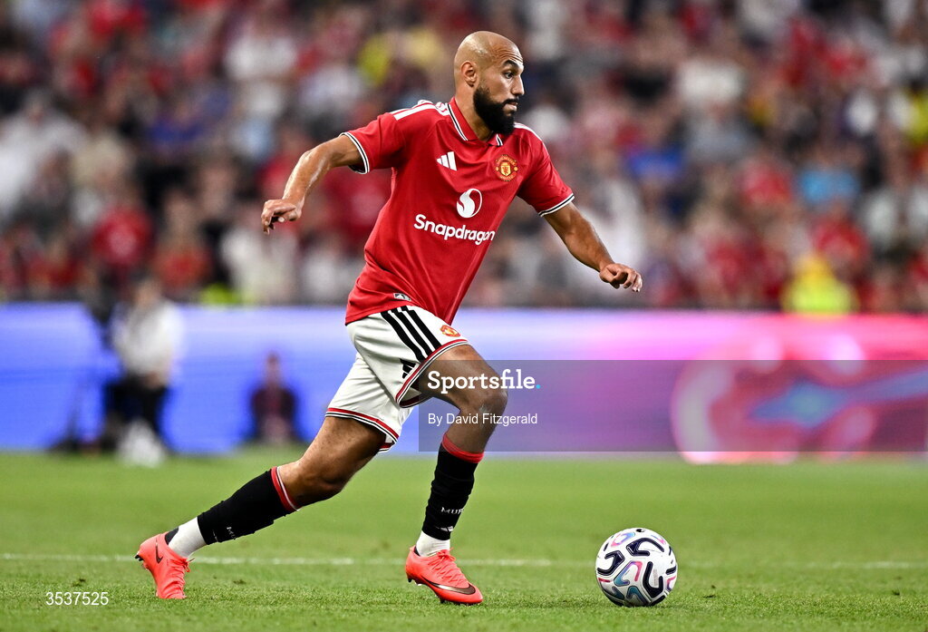 12 August 2026; Noussair Mazraoui of Manchester United during the pre-season friendly match between Manchester United and Leeds United at Croke Park in Dublin. Photo by David Fitzgerald/Sportsfile