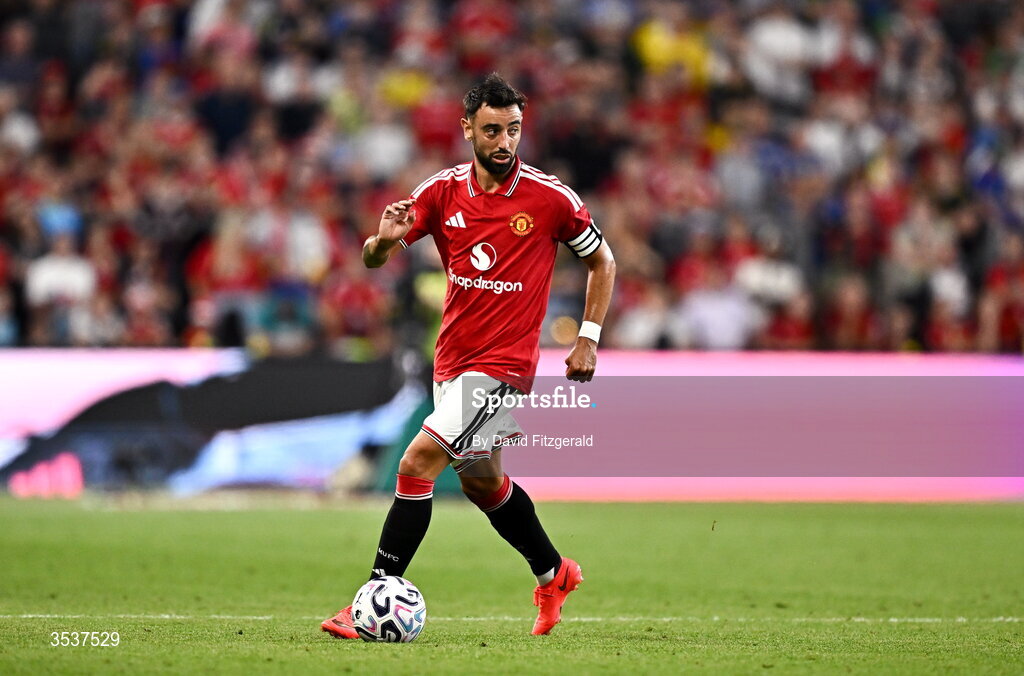 12 August 2026; Bruno Fernandes of Manchester United during the pre-season friendly match between Manchester United and Leeds United at Croke Park in Dublin. Photo by David Fitzgerald/Sportsfile