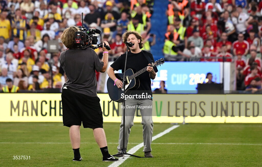 12 August 2026; Weston Loney performs before the pre-season friendly match between Manchester United and Leeds United at Croke Park in Dublin. Photo by David Fitzgerald/Sportsfile
