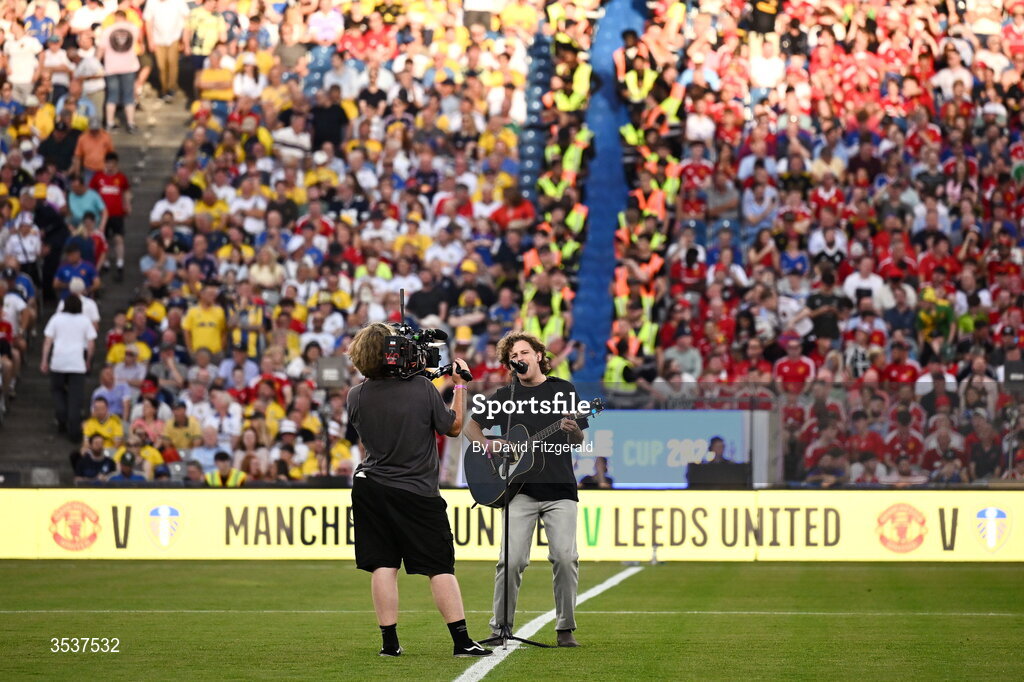 12 August 2026; Weston Loney performs before the pre-season friendly match between Manchester United and Leeds United at Croke Park in Dublin. Photo by David Fitzgerald/Sportsfile