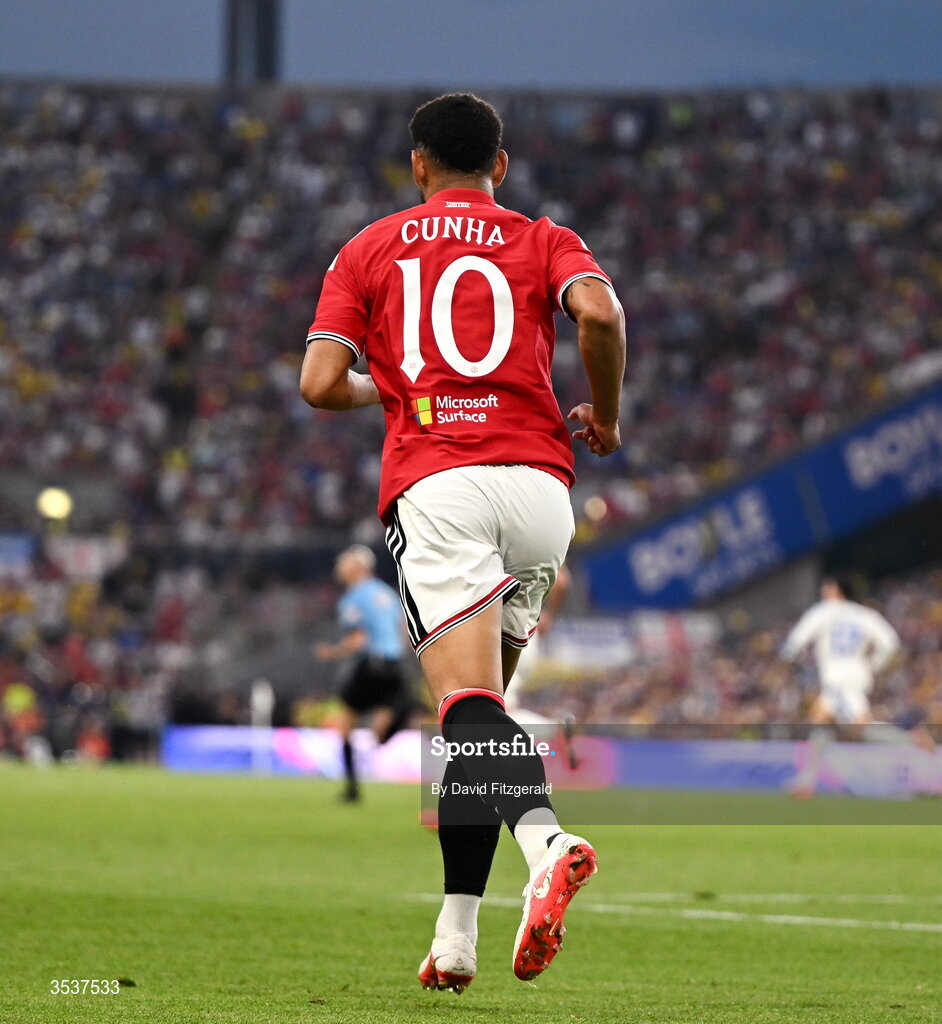 12 August 2026; Matheus Cunha of Manchester United during the pre-season friendly match between Manchester United and Leeds United at Croke Park in Dublin. Photo by David Fitzgerald/Sportsfile