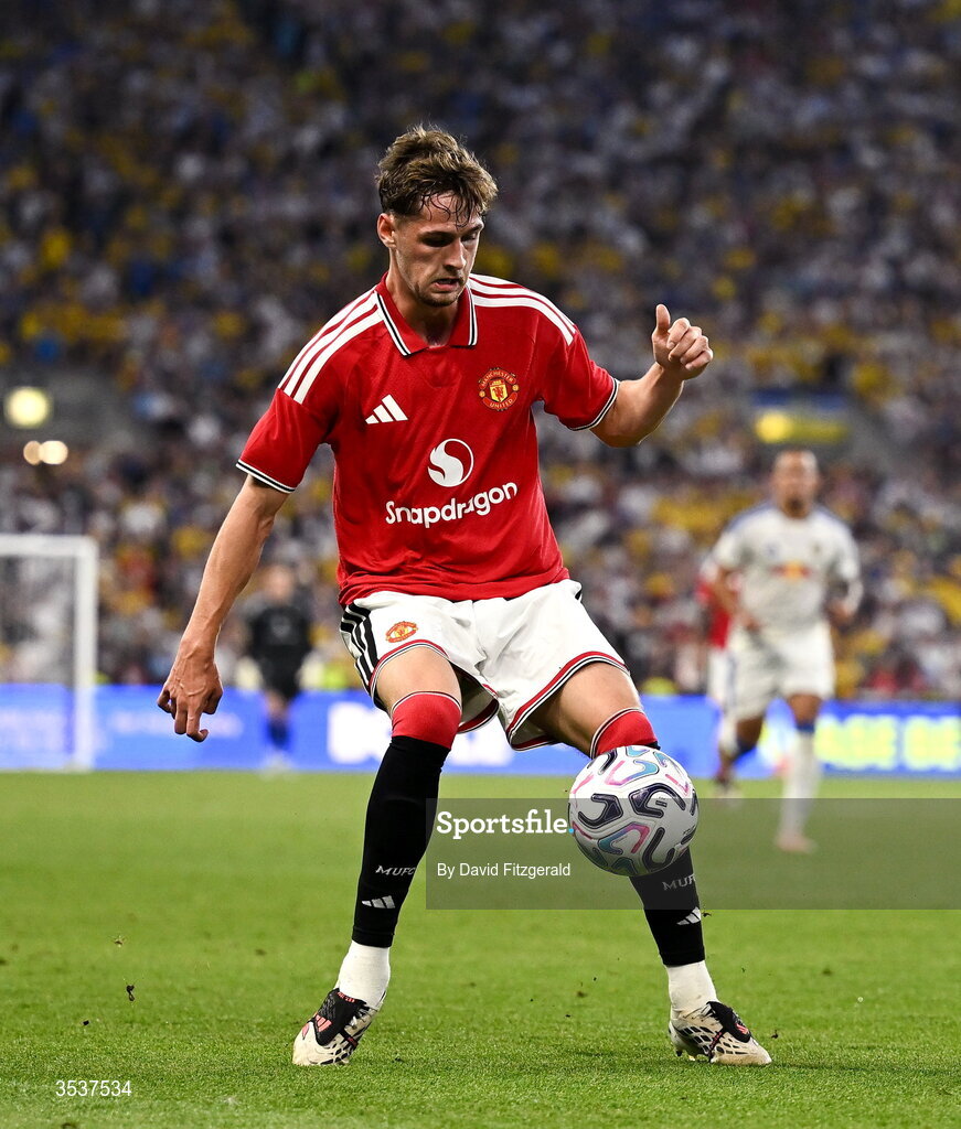 12 August 2026; Jack Fletcher of Manchester United during the pre-season friendly match between Manchester United and Leeds United at Croke Park in Dublin. Photo by David Fitzgerald/Sportsfile