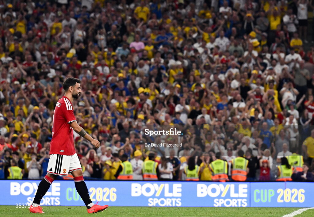 12 August 2026; Bruno Fernandes of Manchester United during the pre-season friendly match between Manchester United and Leeds United at Croke Park in Dublin. Photo by David Fitzgerald/Sportsfile