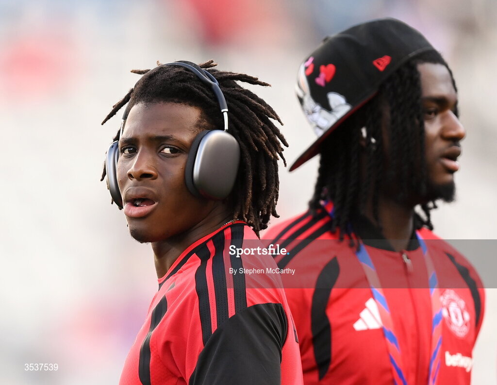 12 August 2026; Patrick Dorgu of Manchester United before the pre-season friendly match between Manchester United and Leeds United at Croke Park in Dublin.