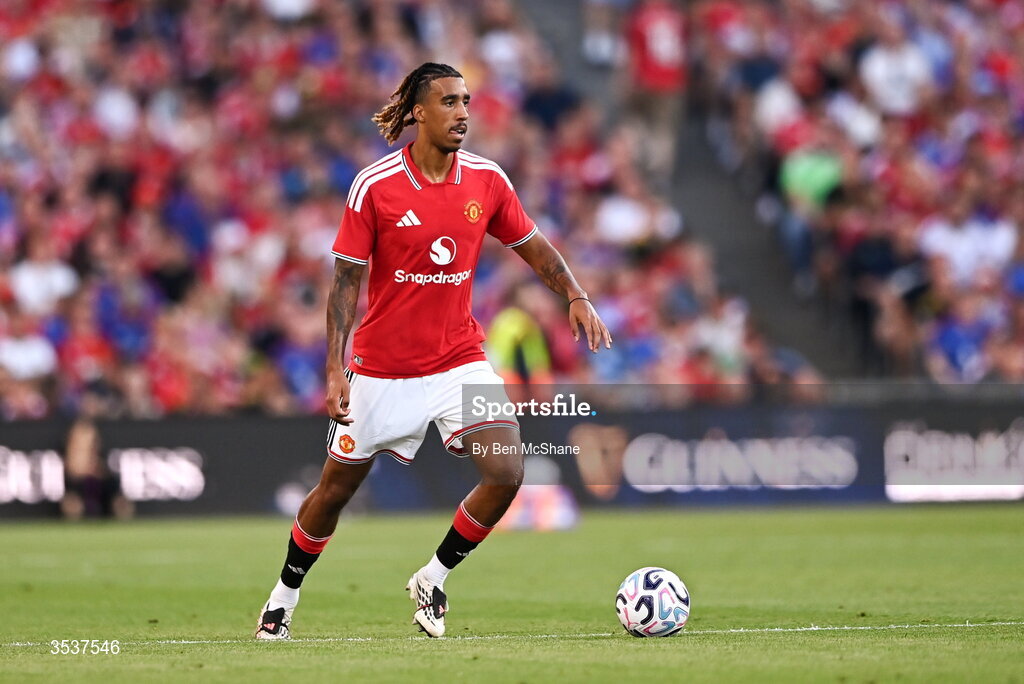 12 August 2026; Leny Yoro of Manchester United during the pre-season friendly match between Manchester United and Leeds United at Croke Park in Dublin. Photo by Ben McShane/Sportsfile