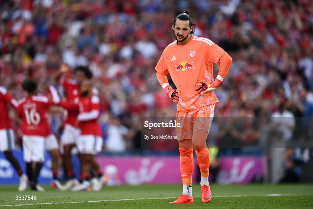 12 August 2026; Leeds United goalkeeper James Trafford after his side conceded a first goal during the pre-season friendly match between Manchester United and Leeds United at Croke Park in Dublin. Photo by Ben McShane/Sportsfile