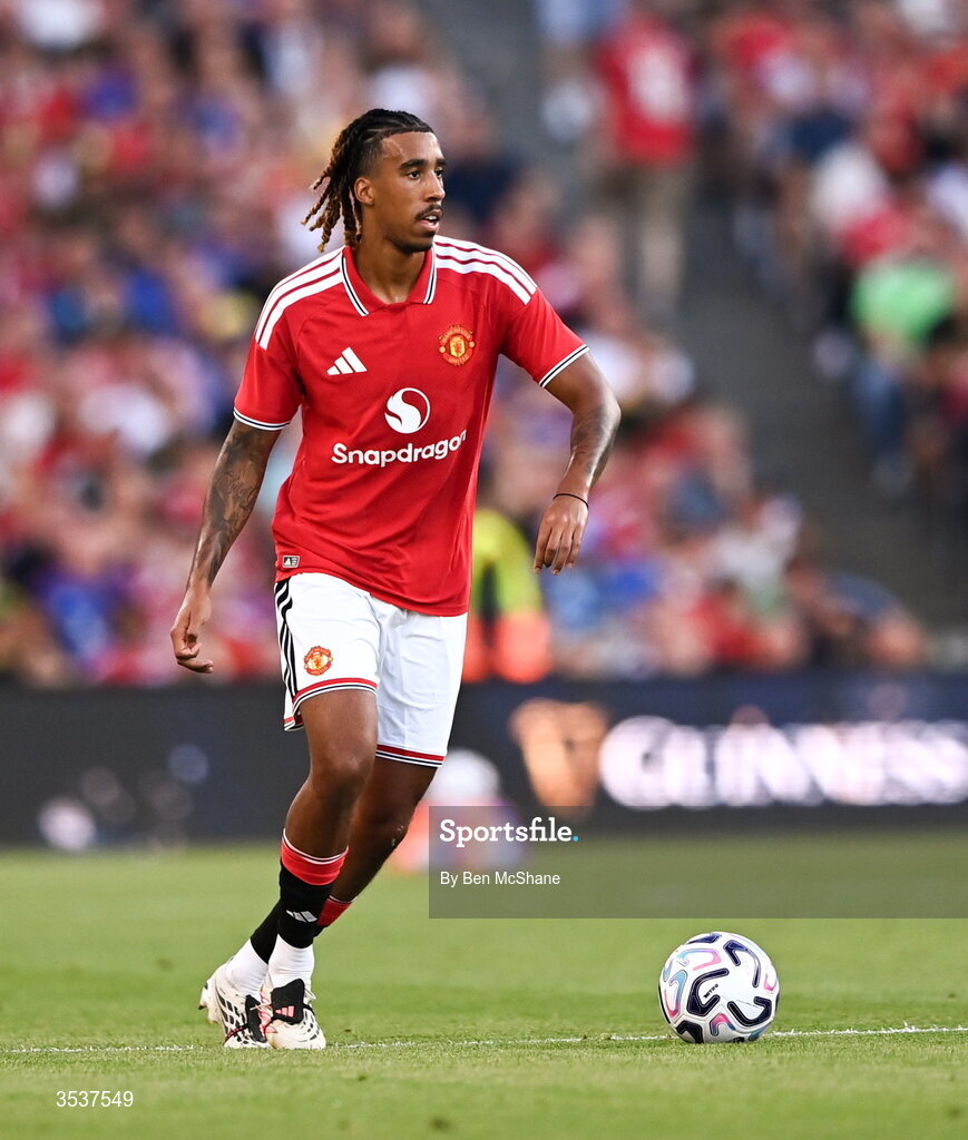 12 August 2026; Leny Yoro of Manchester United during the pre-season friendly match between Manchester United and Leeds United at Croke Park in Dublin. Photo by Ben McShane/Sportsfile
