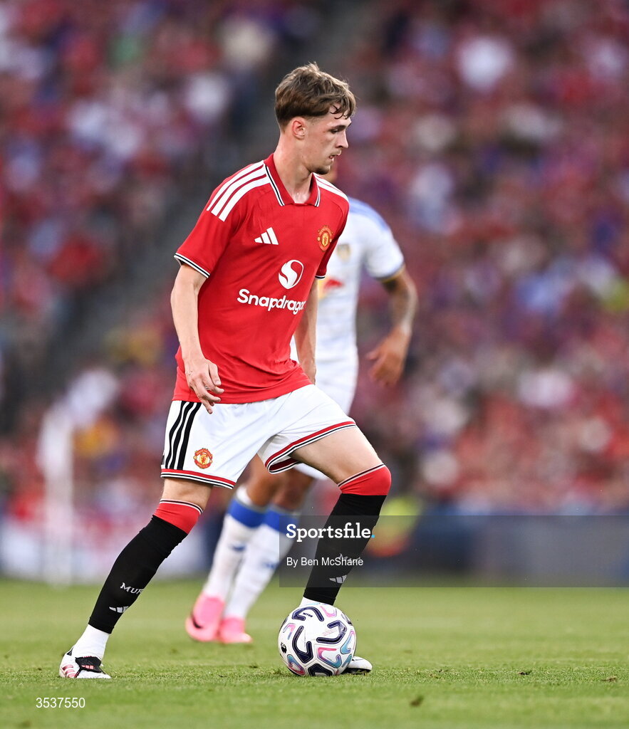 12 August 2026; Tyler Fletcher of Manchester United during the pre-season friendly match between Manchester United and Leeds United at Croke Park in Dublin. Photo by Ben McShane/Sportsfile