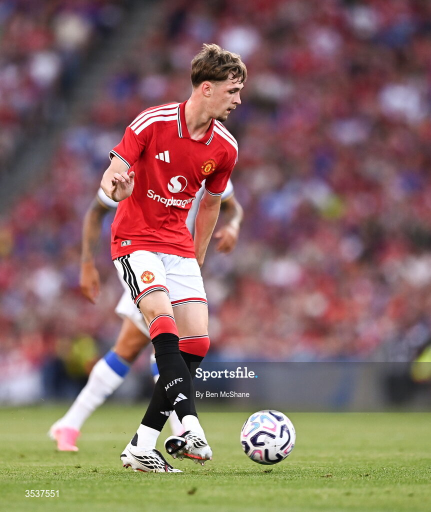 12 August 2026; Tyler Fletcher of Manchester United during the pre-season friendly match between Manchester United and Leeds United at Croke Park in Dublin. Photo by Ben McShane/Sportsfile