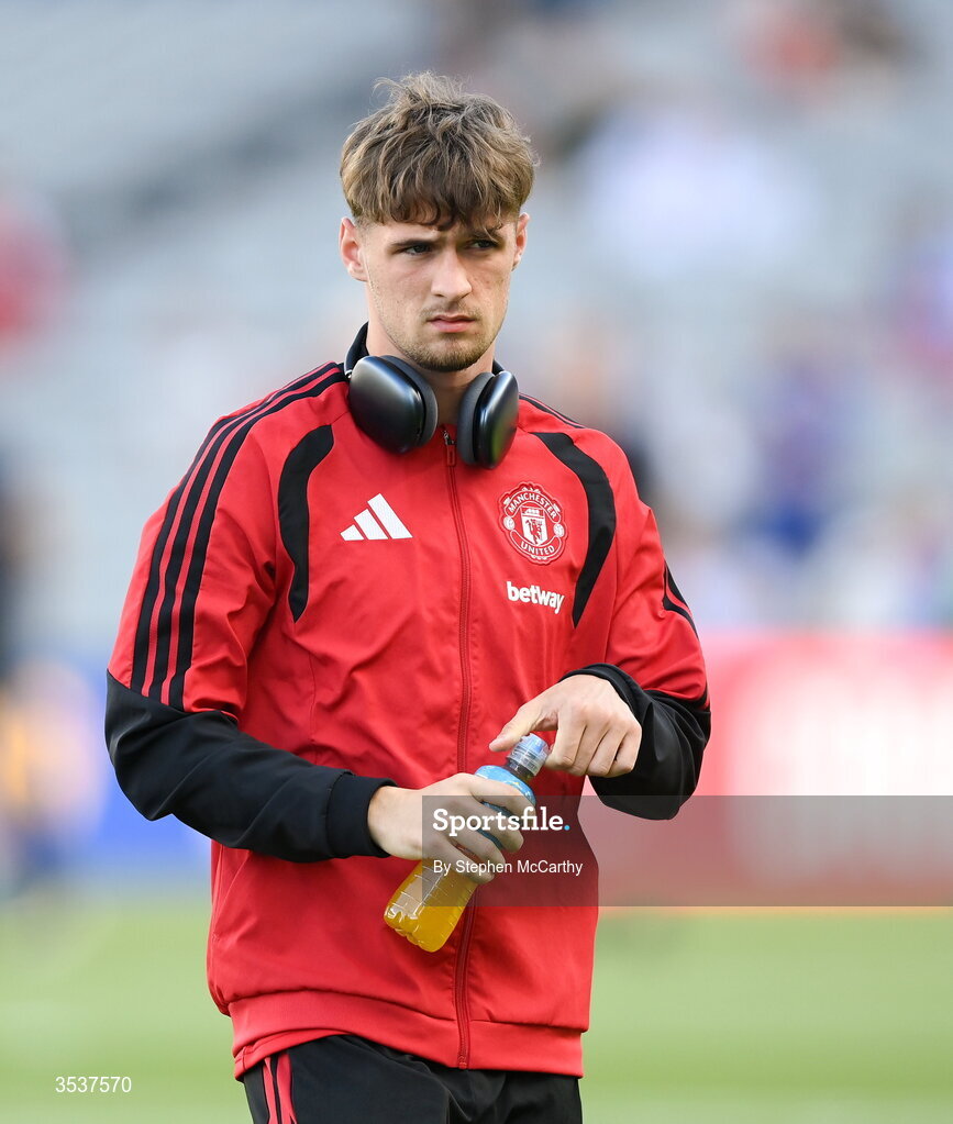 12 August 2026; Jack Fletcher of Manchester United before the pre-season friendly match between Manchester United and Leeds United at Croke Park in Dublin.