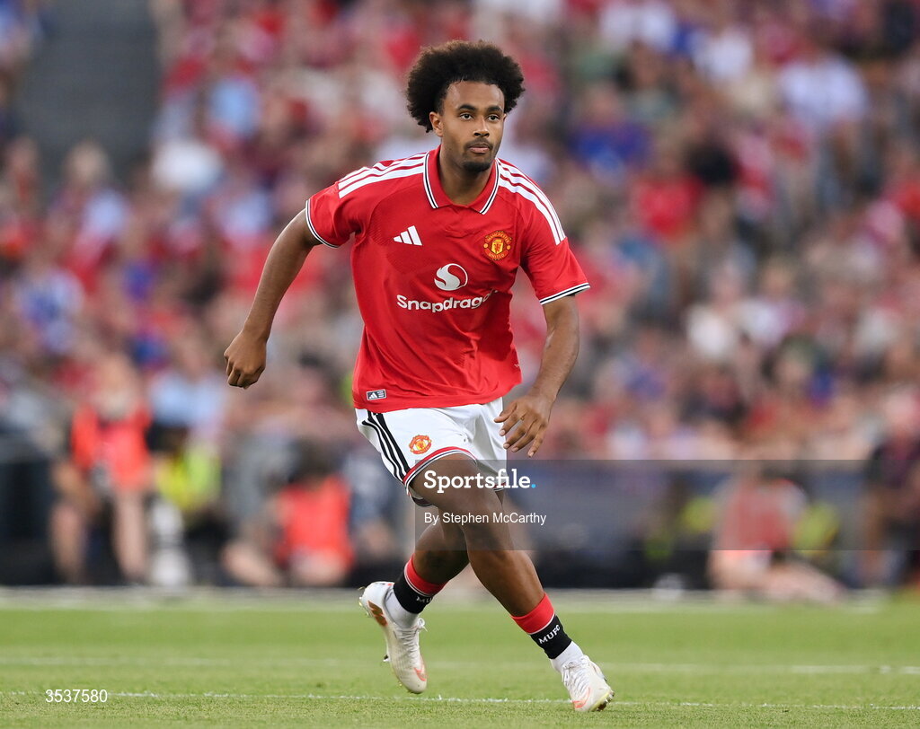 12 August 2026; Joshua Zirkzee of Manchester United during the pre-season friendly match between Manchester United and Leeds United at Croke Park in Dublin. Photo by Stephen McCarthy/Sportsfile