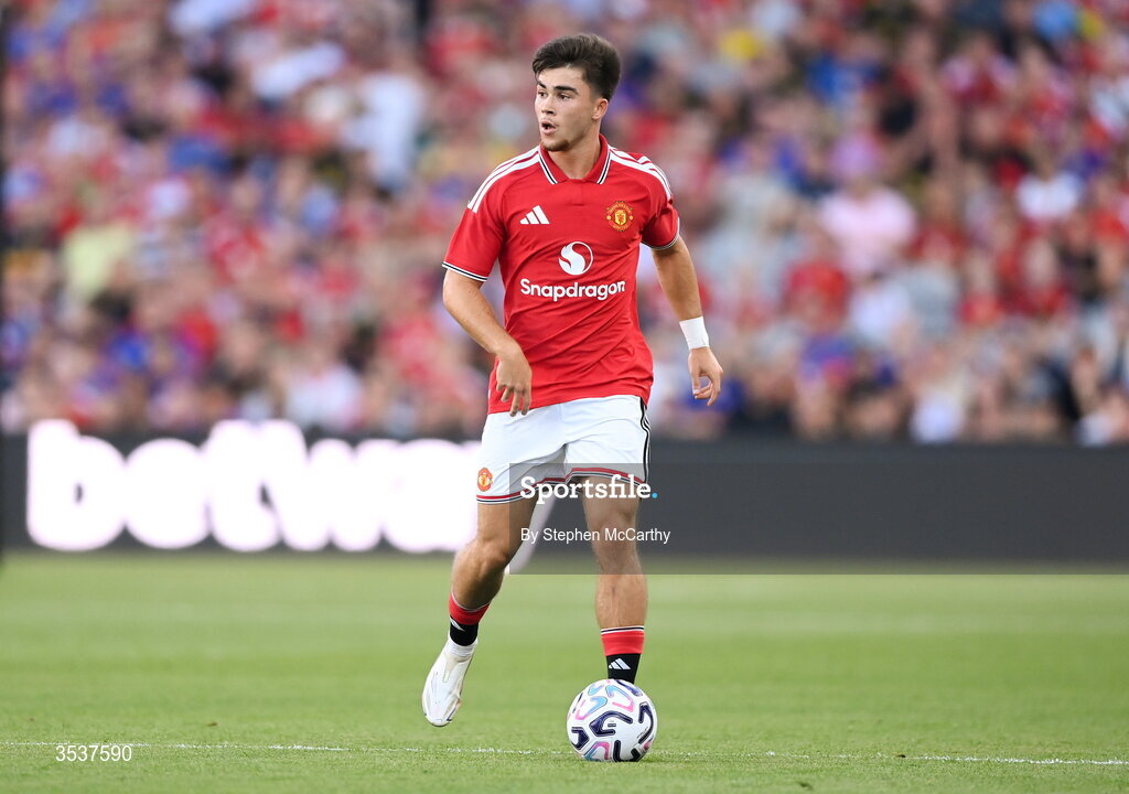 12 August 2026; Harry Amass of Manchester United during the pre-season friendly match between Manchester United and Leeds United at Croke Park in Dublin. Photo by Stephen McCarthy/Sportsfile
