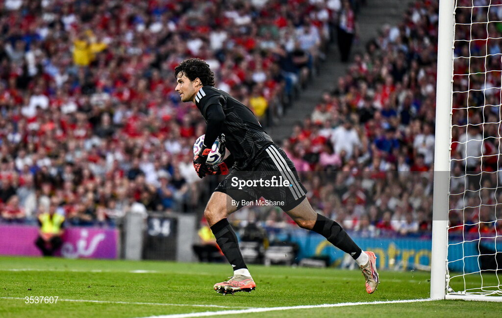 12 August 2026; Manchester United goalkeeper Senne Lammens during the pre-season friendly match between Manchester United and Leeds United at Croke Park in Dublin. Photo by Ben McShane/Sportsfile