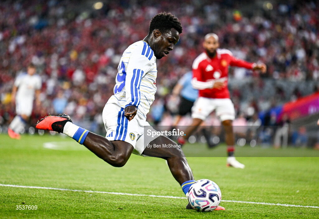 12 August 2026; Wilfried Gnonto of Leeds United during the pre-season friendly match between Manchester United and Leeds United at Croke Park in Dublin. Photo by Ben McShane/Sportsfile