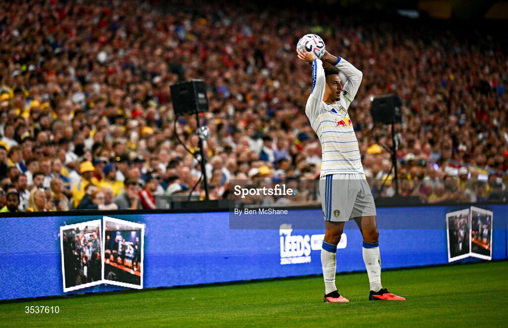12 August 2026; Ethan Ampadu of Leeds United during the pre-season friendly match between Manchester United and Leeds United at Croke Park in Dublin. Photo by Ben McShane/Sportsfile