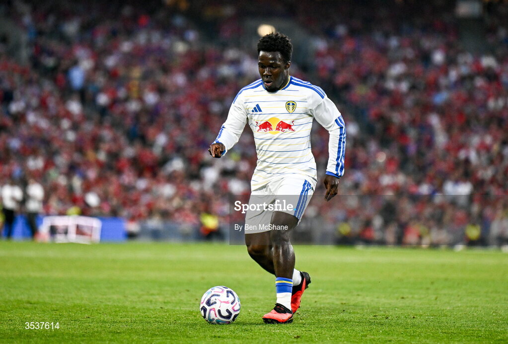 12 August 2026; Wilfried Gnonto of Leeds United during the pre-season friendly match between Manchester United and Leeds United at Croke Park in Dublin. Photo by Ben McShane/Sportsfile
