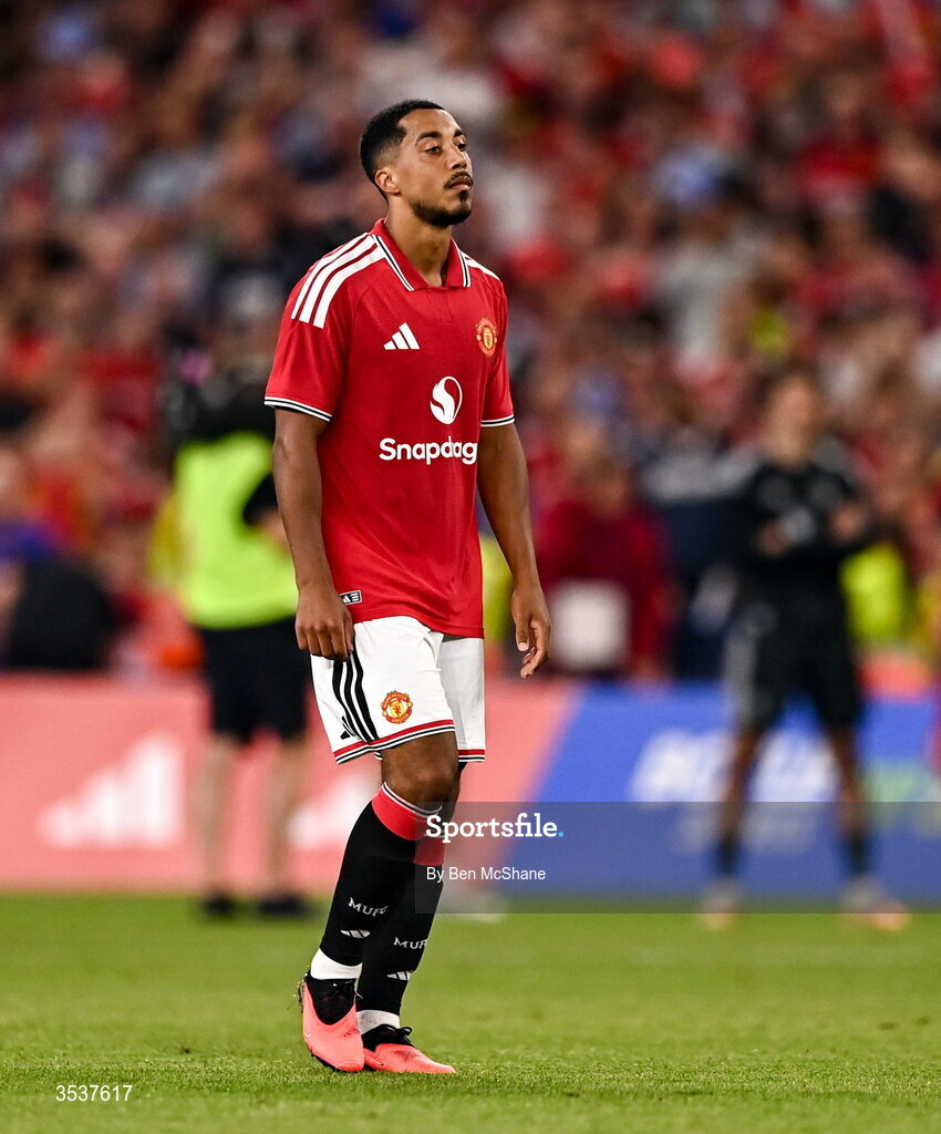 12 August 2026; Youri Tielemans of Manchester United in the penalty shootout during the pre-season friendly match between Manchester United and Leeds United at Croke Park in Dublin. Photo by Ben McShane/Sportsfile