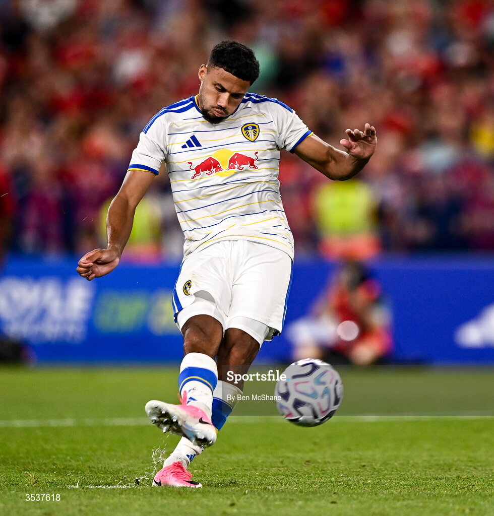 12 August 2026; James Justin of Leeds United takes a penalty in the penalty shootout during the pre-season friendly match between Manchester United and Leeds United at Croke Park in Dublin. Photo by Ben McShane/Sportsfile