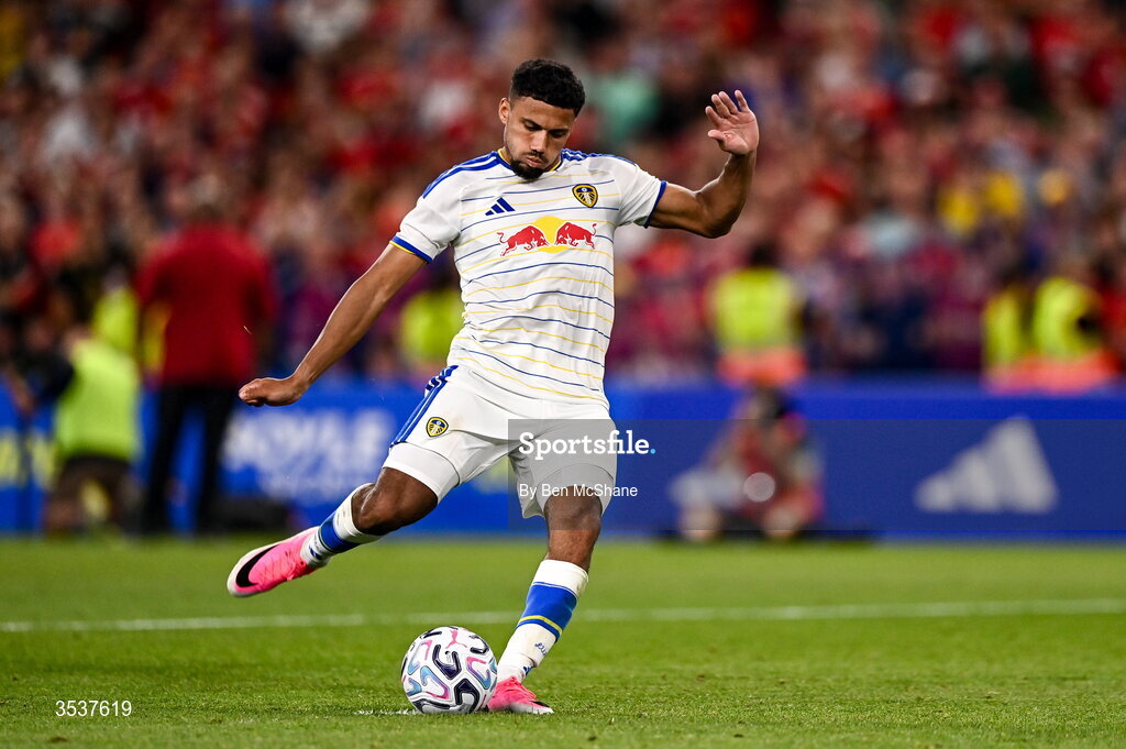 12 August 2026; James Justin of Leeds United takes a penalty in the penalty shootout during the pre-season friendly match between Manchester United and Leeds United at Croke Park in Dublin. Photo by Ben McShane/Sportsfile
