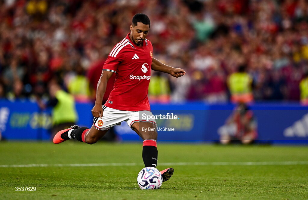 12 August 2026; Youri Tielemans of Manchester United takes a penalty in the penalty shootout during the pre-season friendly match between Manchester United and Leeds United at Croke Park in Dublin. Photo by Ben McShane/Sportsfile