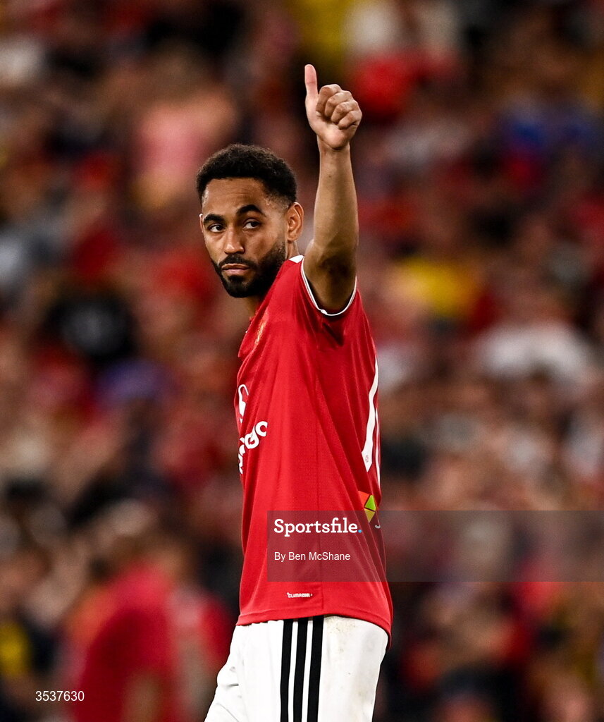 12 August 2026; Matheus Cunha of Manchester United after scoring his penalty in the penalty shootout during the pre-season friendly match between Manchester United and Leeds United at Croke Park in Dublin. Photo by Ben McShane/Sportsfile