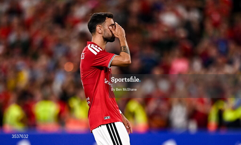 12 August 2026; Bruno Fernandes of Manchester United reacts after missing his penalty in the penalty shootout during the pre-season friendly match between Manchester United and Leeds United at Croke Park in Dublin. Photo by Ben McShane/Sportsfile