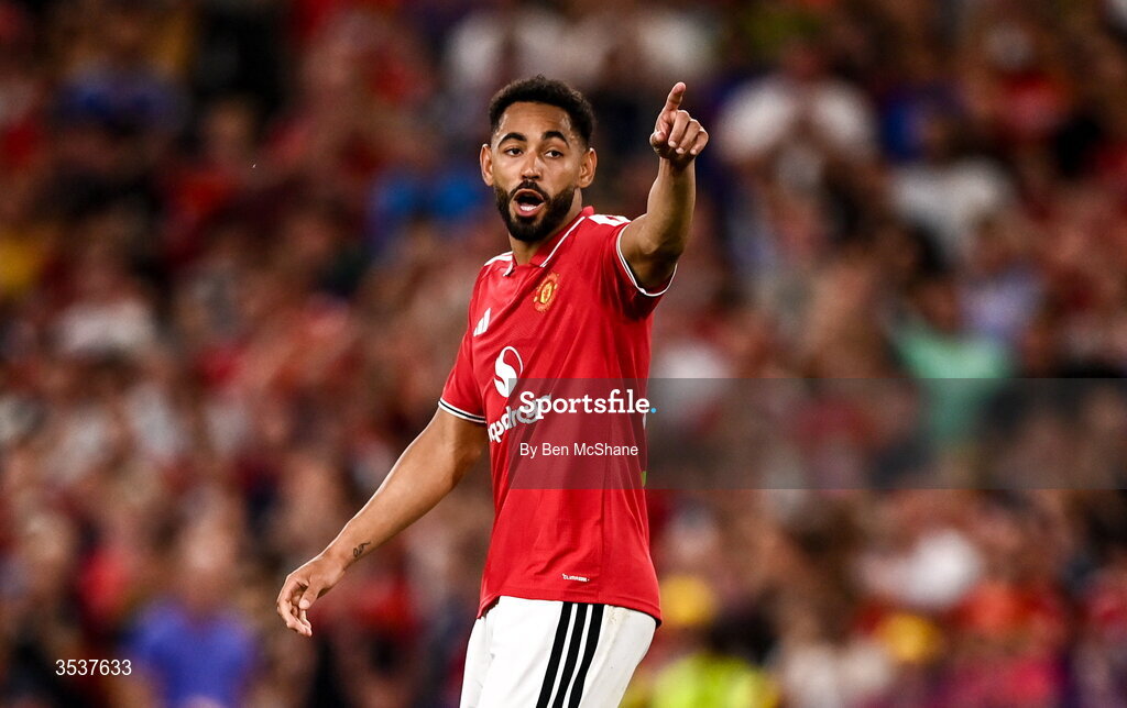 12 August 2026; Matheus Cunha of Manchester United after scoring his penalty in the penalty shootout during the pre-season friendly match between Manchester United and Leeds United at Croke Park in Dublin. Photo by Ben McShane/Sportsfile