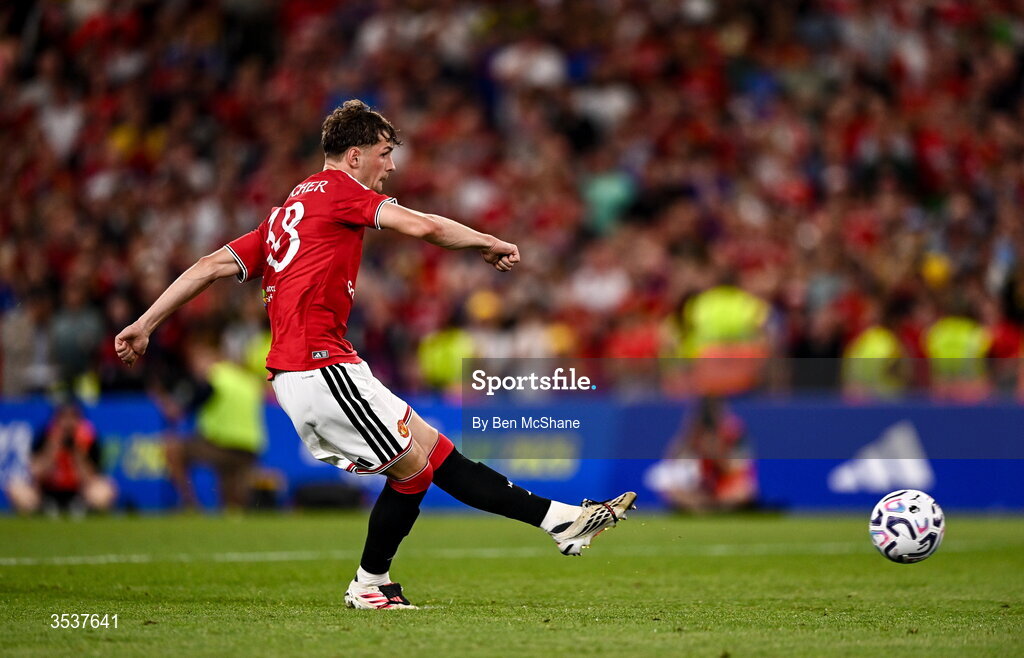 12 August 2026; Jack Fletcher of Manchester United takes a penalty in the penalty shootout during the pre-season friendly match between Manchester United and Leeds United at Croke Park in Dublin. Photo by Ben McShane/Sportsfile