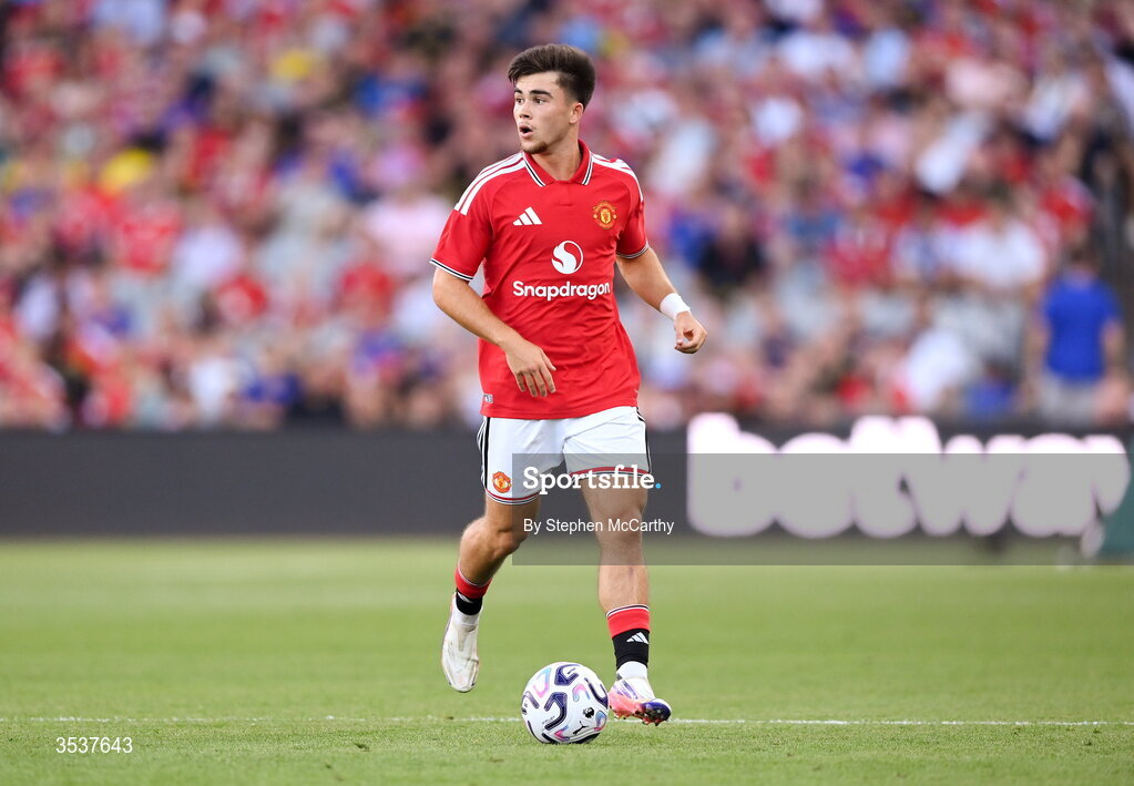 12 August 2026; Harry Amass of Manchester United during the pre-season friendly match between Manchester United and Leeds United at Croke Park in Dublin. Photo by Stephen McCarthy/Sportsfile