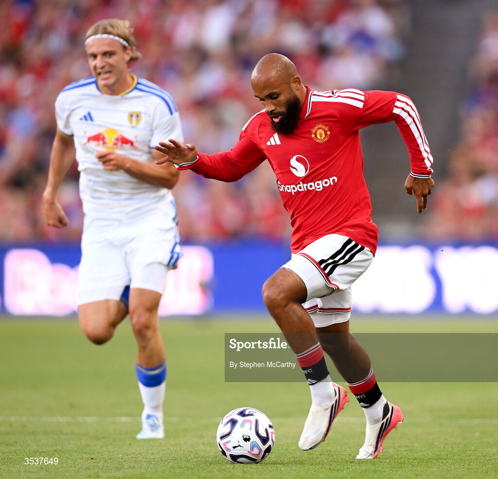 12 August 2026; Bryan Mbeumo of Manchester United during the pre-season friendly match between Manchester United and Leeds United at Croke Park in Dublin. Photo by Stephen McCarthy/Sportsfile