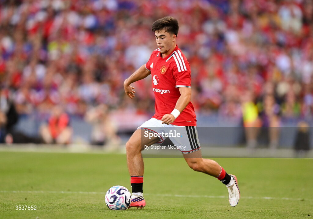 12 August 2026; Harry Amass of Manchester United during the pre-season friendly match between Manchester United and Leeds United at Croke Park in Dublin. Photo by Stephen McCarthy/Sportsfile