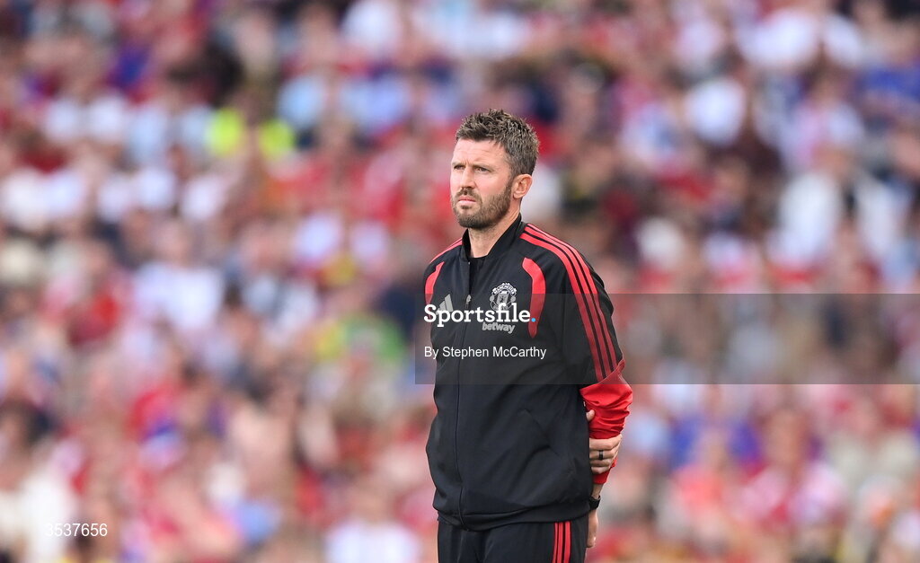 12 August 2026; Manchester United manager Michael Carrick during the pre-season friendly match between Manchester United and Leeds United at Croke Park in Dublin. Photo by Stephen McCarthy/Sportsfile