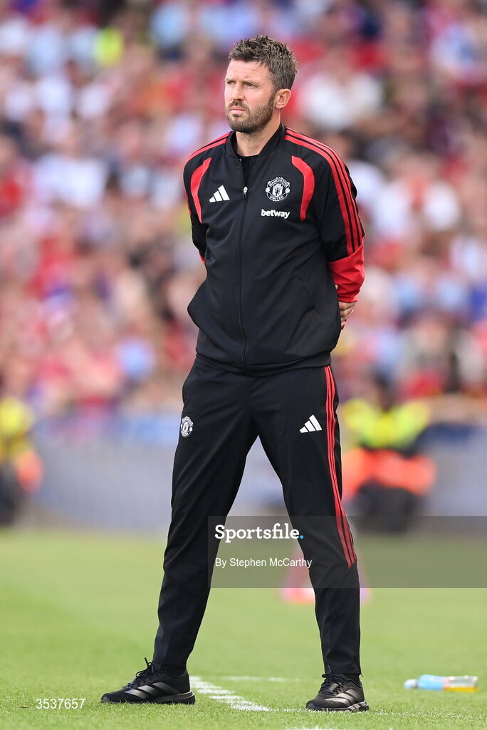 12 August 2026; Manchester United manager Michael Carrick during the pre-season friendly match between Manchester United and Leeds United at Croke Park in Dublin. Photo by Stephen McCarthy/Sportsfile