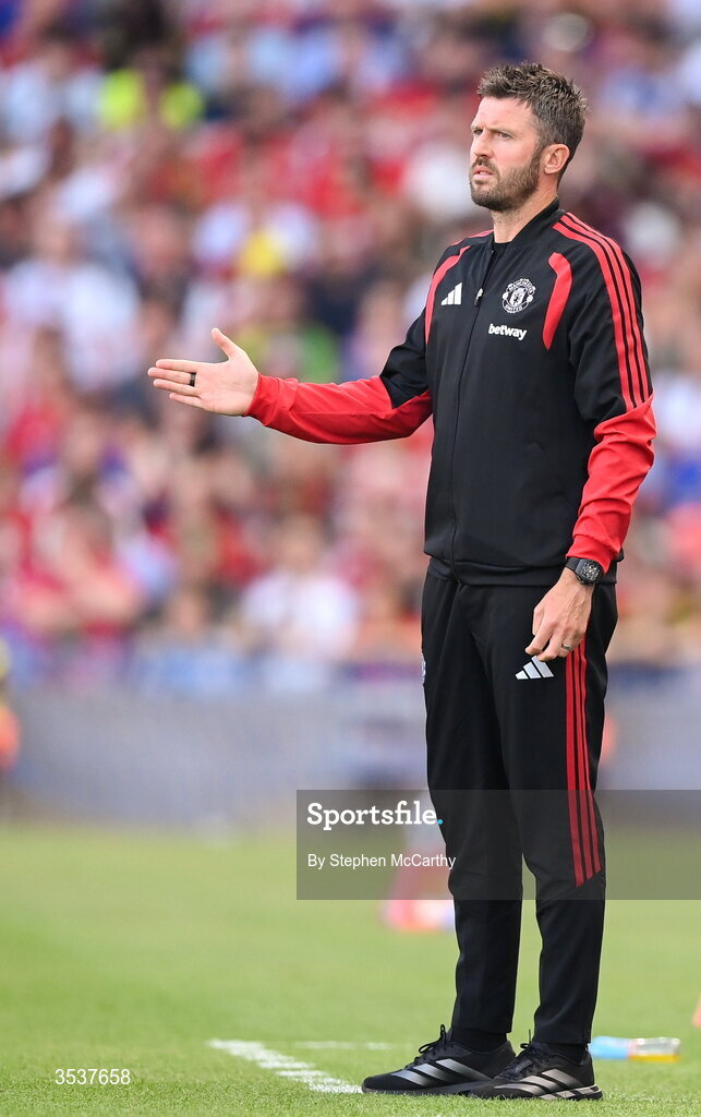 12 August 2026; Manchester United manager Michael Carrick during the pre-season friendly match between Manchester United and Leeds United at Croke Park in Dublin. Photo by Stephen McCarthy/Sportsfile