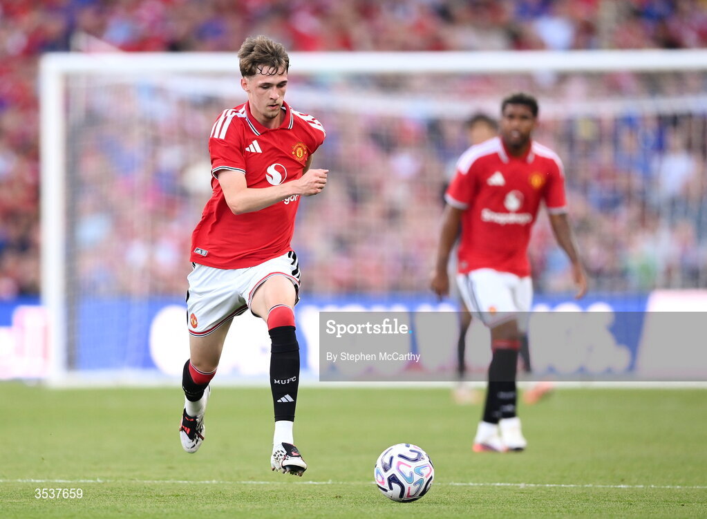 12 August 2026; Tyler Fletcher of Manchester United during the pre-season friendly match between Manchester United and Leeds United at Croke Park in Dublin. Photo by Stephen McCarthy/Sportsfile