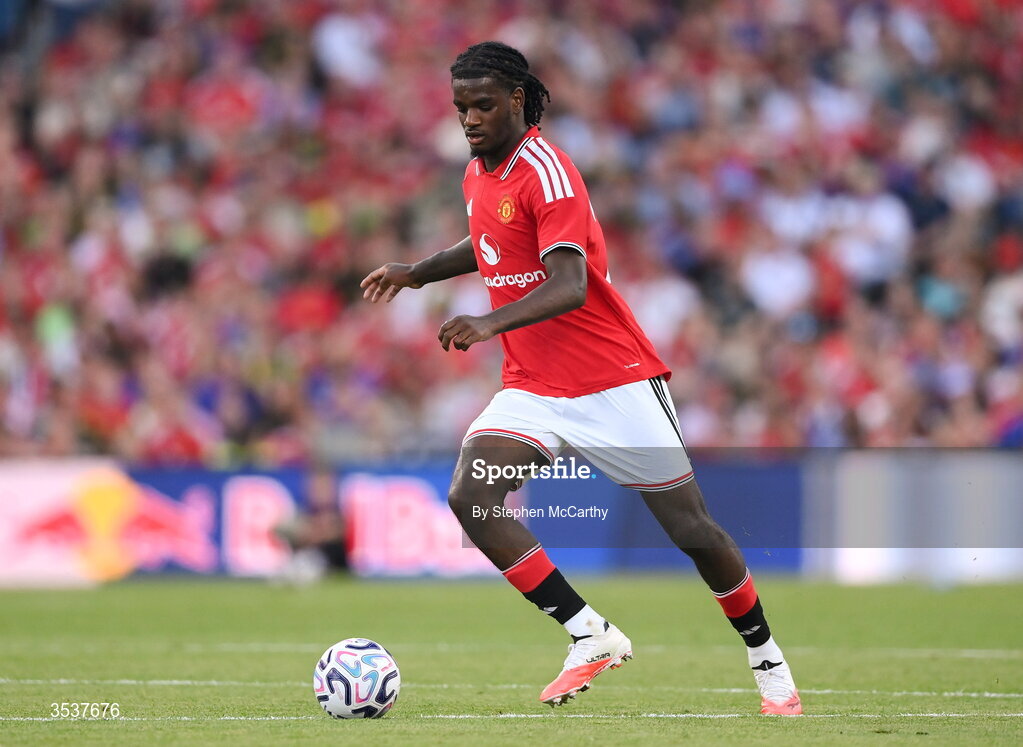 12 August 2026; Ayden Heaven of Manchester United during the pre-season friendly match between Manchester United and Leeds United at Croke Park in Dublin. Photo by Stephen McCarthy/Sportsfile