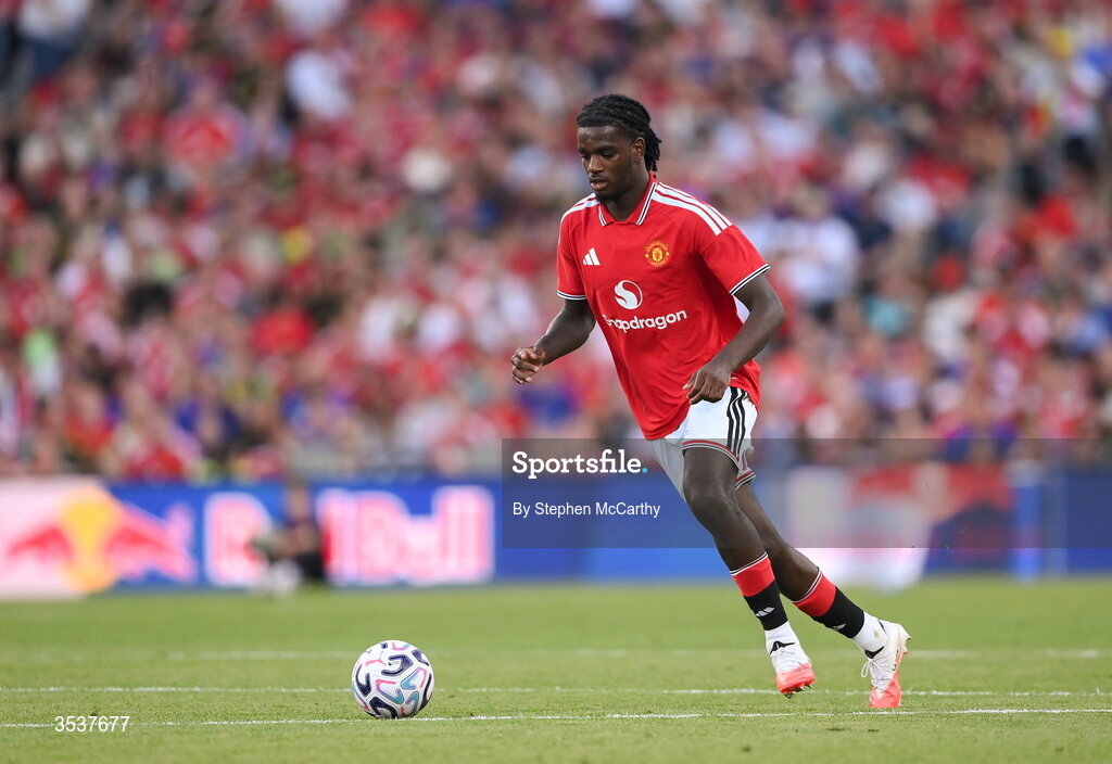 12 August 2026; Ayden Heaven of Manchester United during the pre-season friendly match between Manchester United and Leeds United at Croke Park in Dublin. Photo by Stephen McCarthy/Sportsfile