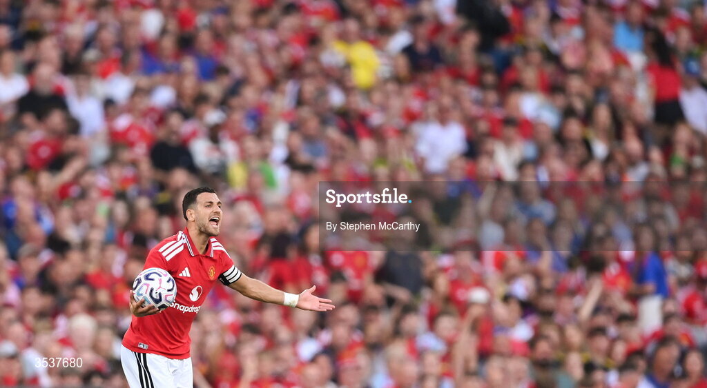 12 August 2026; Manchester United captain Diogo Dalot appeals to the referee during the pre-season friendly match between Manchester United and Leeds United at Croke Park in Dublin. Photo by Stephen McCarthy/Sportsfile